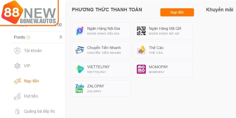 Quy trình nạp tiền 88NEW qua hệ thống ngân hàng nội địa